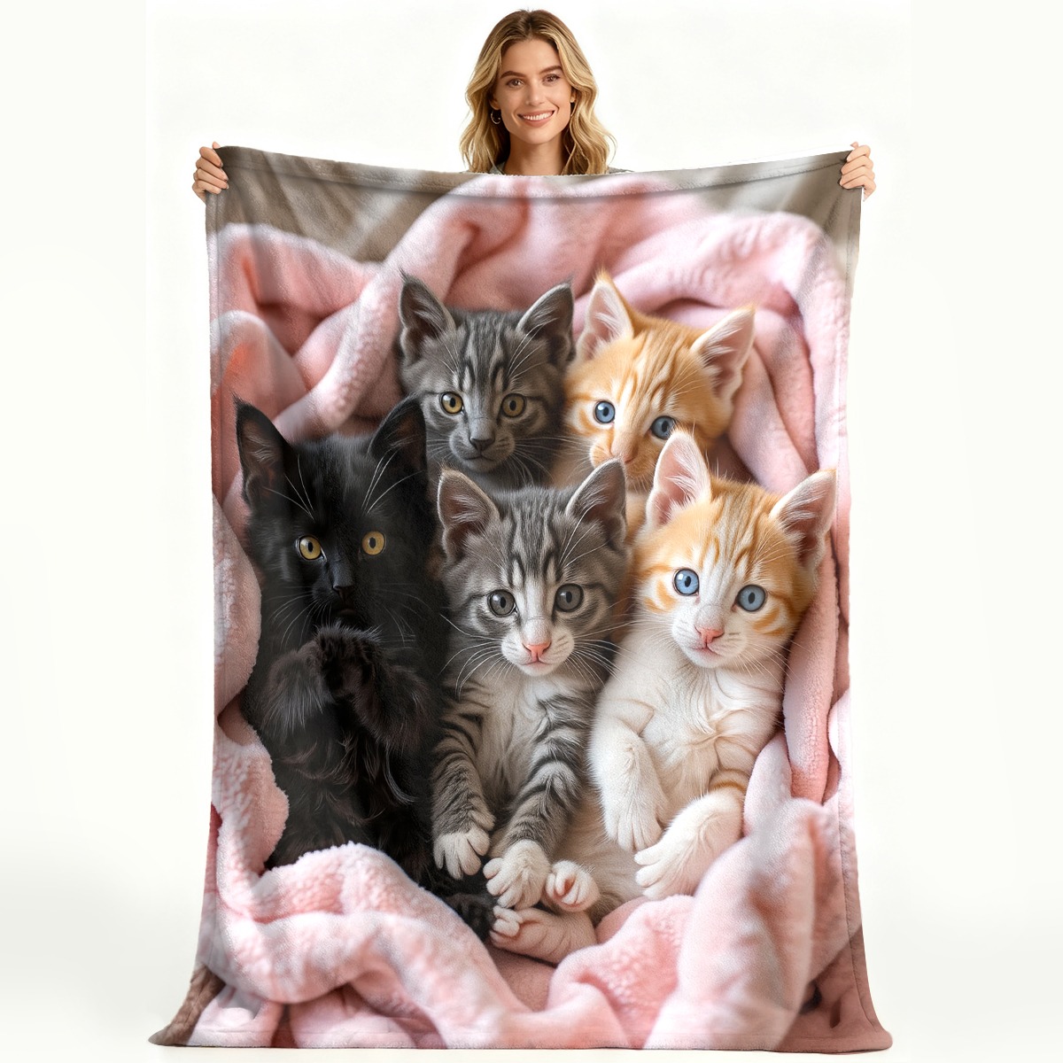 TEMU Soft Plush Flannel Blanket With Cat Print, Comfortable And Theme, Featuring 6 Cute Kittens, Assorted Colors, Suitable For , Ideal For Home,