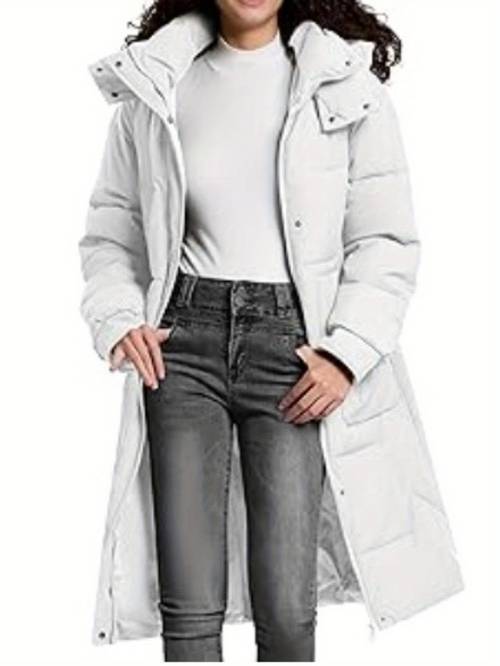 2025 womens long insulated puffer jacket for winter featuring a hood pockets and a