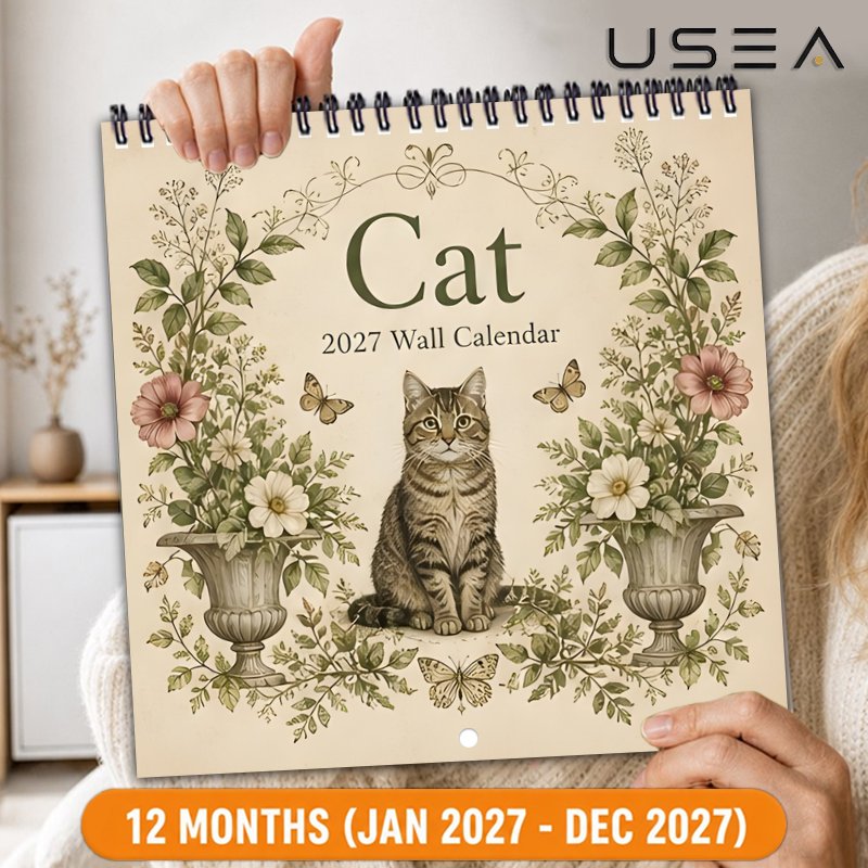 TEMU Wall Calendars 2027 Hanging Cat Wall Calendar 12 Months Yearly Organizer With Twin Wire Spiral Binding, 8.3x8.3 Inch Large Blocks Botanical