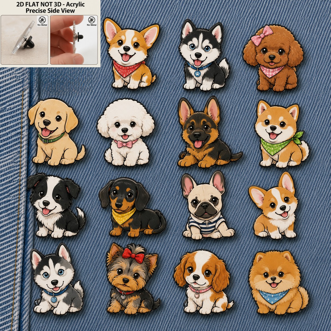 TEMU 2d Flat - (2d Flat Not 3d) 15pcs Cute Dog Acrylic Badge Set, Including Bichon Frise, Corgi, Husky, Golden Retriever, , Bulldog Badges - Suitable