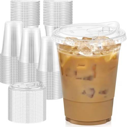 50pcs 12 16oz clear plastic cups with lids sturdy iced coffee tumblers leak proof design for iced coffee smoothies cold drinks ideal for beverage shops coffee bar accessories