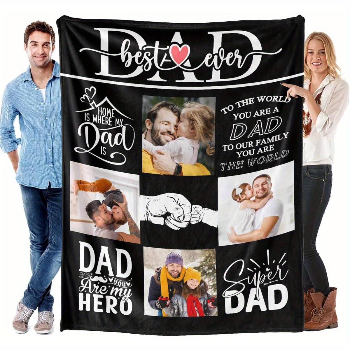 TEMU en flanelle personnalisable 1 pièce "Meilleur Papa du Monde" - Personnalisé avec 4 photos, messages émouvants pour la fête des Pères et les