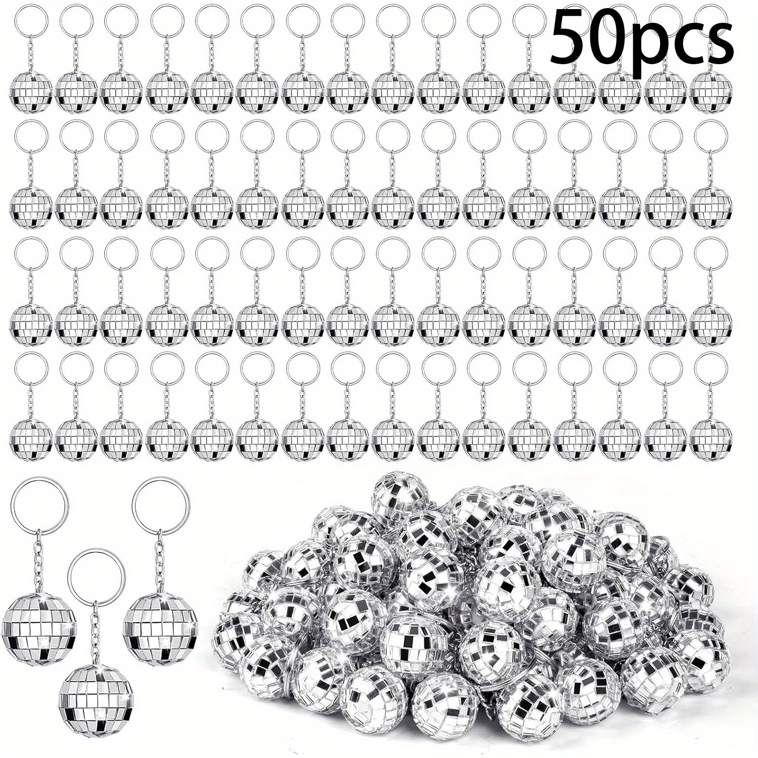 E-shop 50 Mini-Disco-Kugel-Schlüsselanhänger – Verschiedene Farben Größen, Langlebige Kunststoff- Metall-Schlüsselanhänger, Ideal für 70er- 80er-Jahre