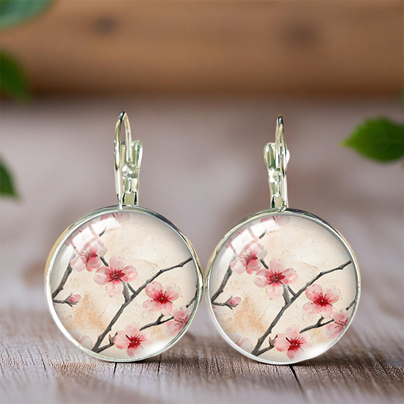 A Pair Of Round Cherry Branch Earrings, Stylish Handmade Additions With Glass Drops, Without Battery