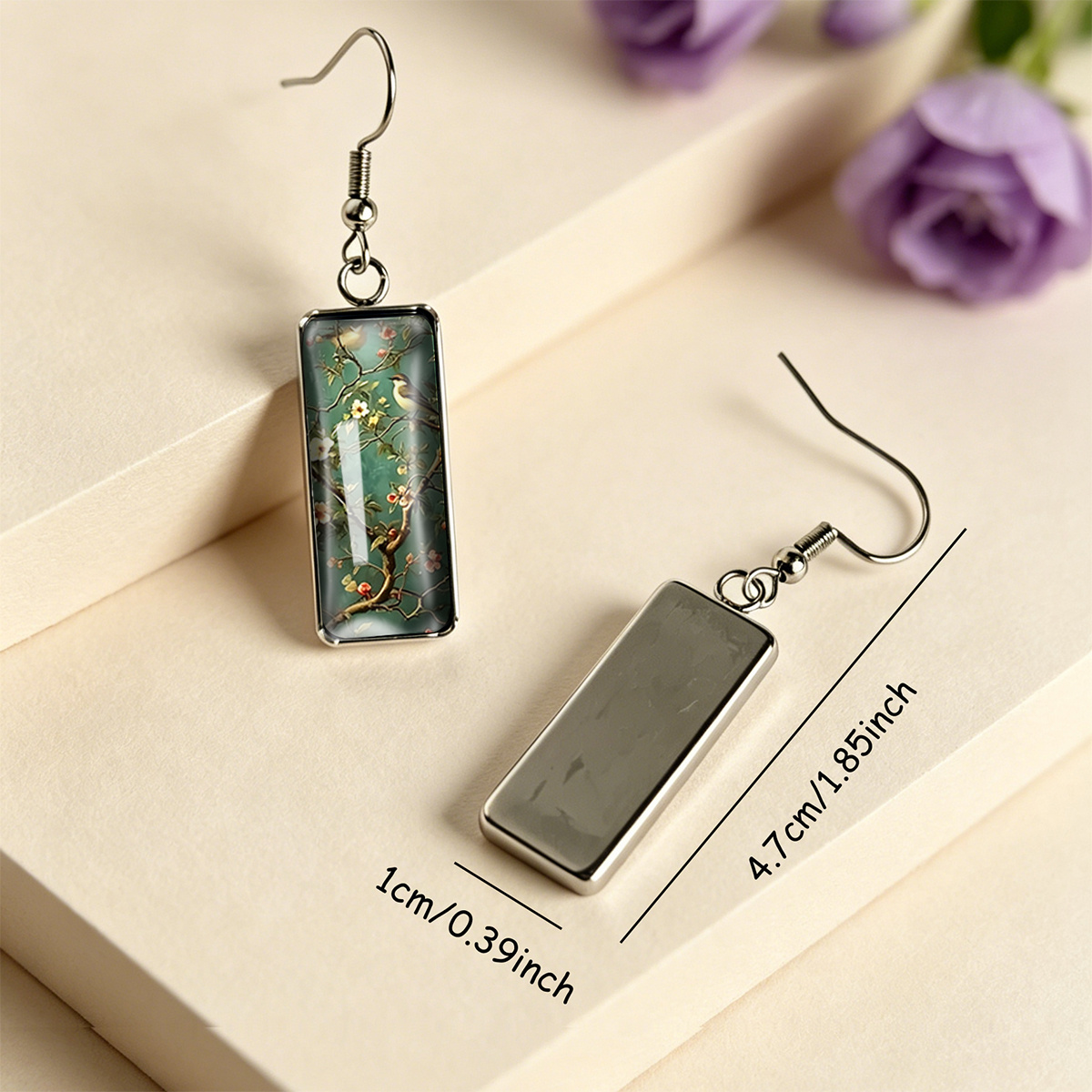 Vintage Floral & Bird-Themed Rectangular Stainless Steel Earrings