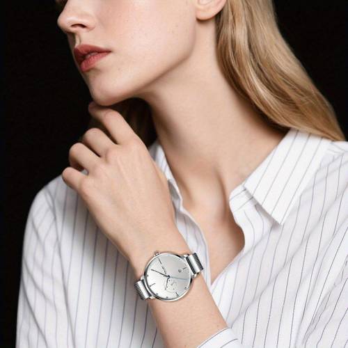 womens automatic mechanical watch stainless with date function self winding movement elegant dress watch for women silvery white