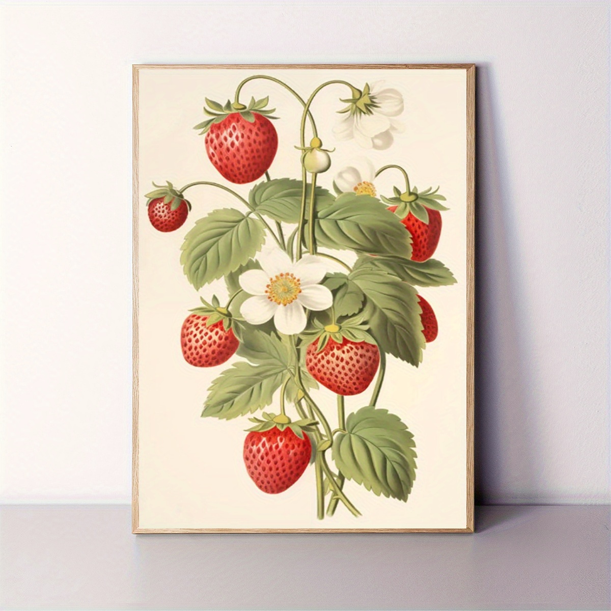 TEMU 1pc Vintage Strawberry Canvas Wall Art - 12x16 Inch, Unframed, Retro Kitchen Fruit Decor With Red Strawberries & White Flowers, Bohemian Style
