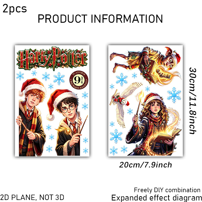 TEMU Warner . 2pcs Set, Wb, Harry Potter - Wizarding Court Christmas And New Year Themed Double-sided Glass Window Decals, Featuring Harry, Ron,