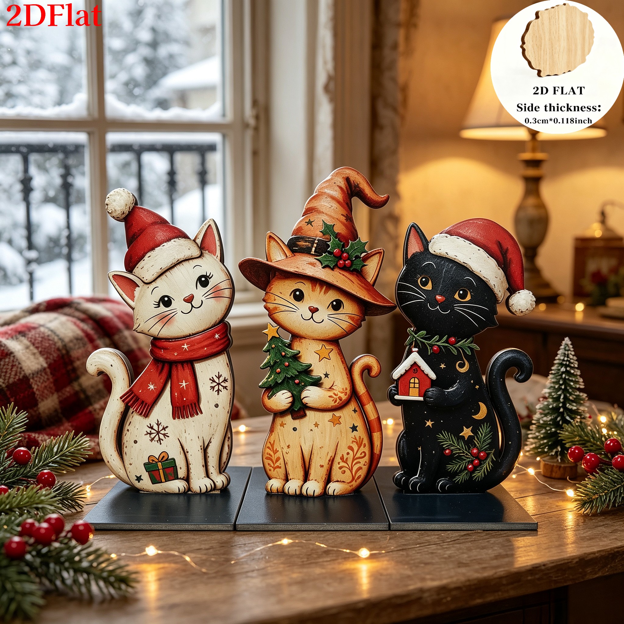 TEMU Adornos navideños de gato vintage 2D planos, 3 piezas - Figuras de artificiales con mini árbol y decoración de luna de noche estrellada, aptas