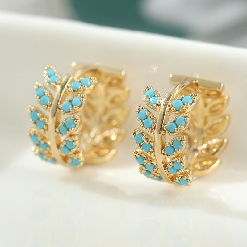 TEMU Mini boucles d'oreilles à turquoise de feuille dorée, boucles d'oreilles bohèmes en cuivre style nature pour femmes