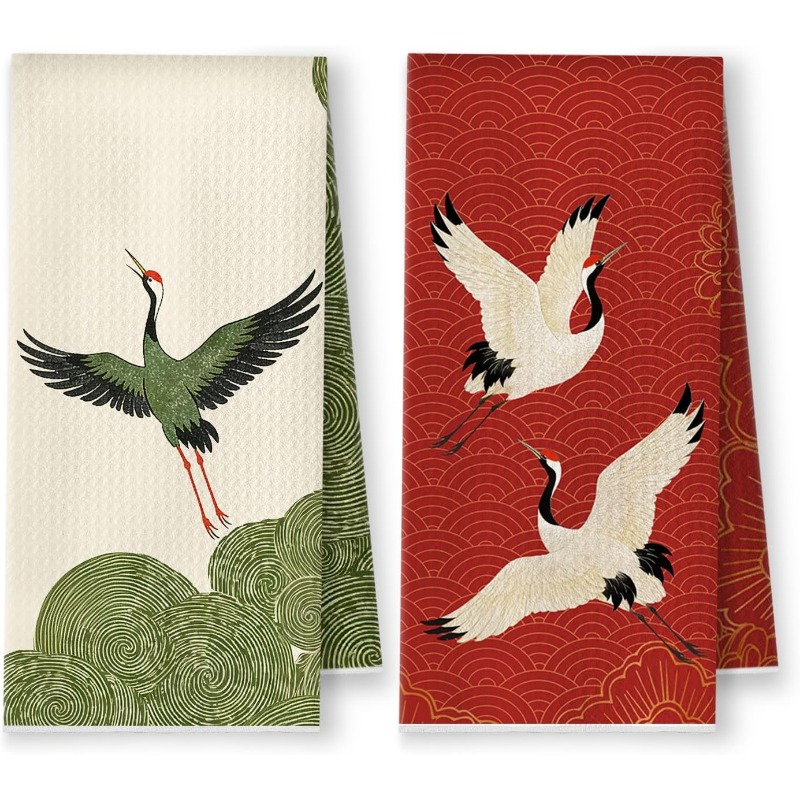 TEMU 2pcs 18*26 Inch Kitchen Towels Green And Red Japanese Crane, Vintage Flying Dish Tea Towels, Elegant Oriental Bird Cloud Decorative For Bathroom