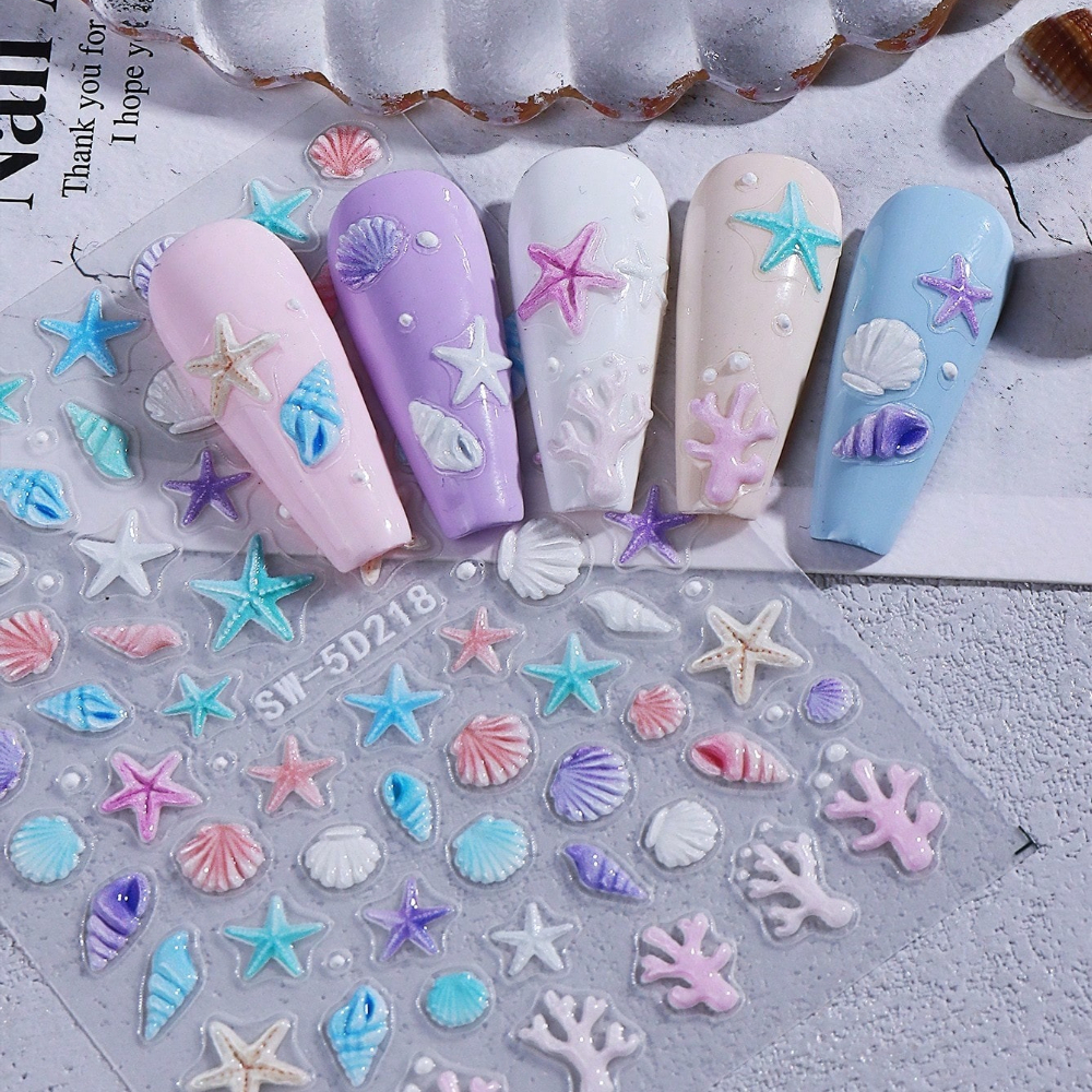 1pc Ocean-themed Nail Stickers, Colorful Starfish, Seashell, And Conch Patterns, Summer Beach-themed Self-adhesive Nail Decals, Diy Nail Art Supplies