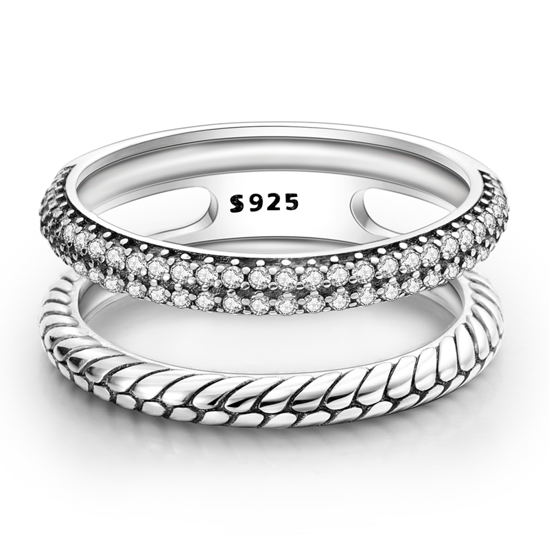 Women's 925 Silver Double Row Pave Snake Bone Texture Ring