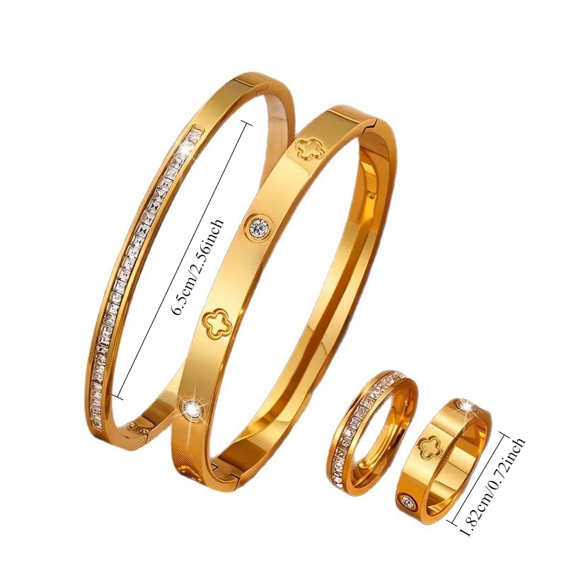 TEMU Set Of 4pcs Of Jewelry For Women, Featuring Flower Designs In 18k Gold-plated Stainless Steel, Including A Necklace, Bracelet, Ring, And
