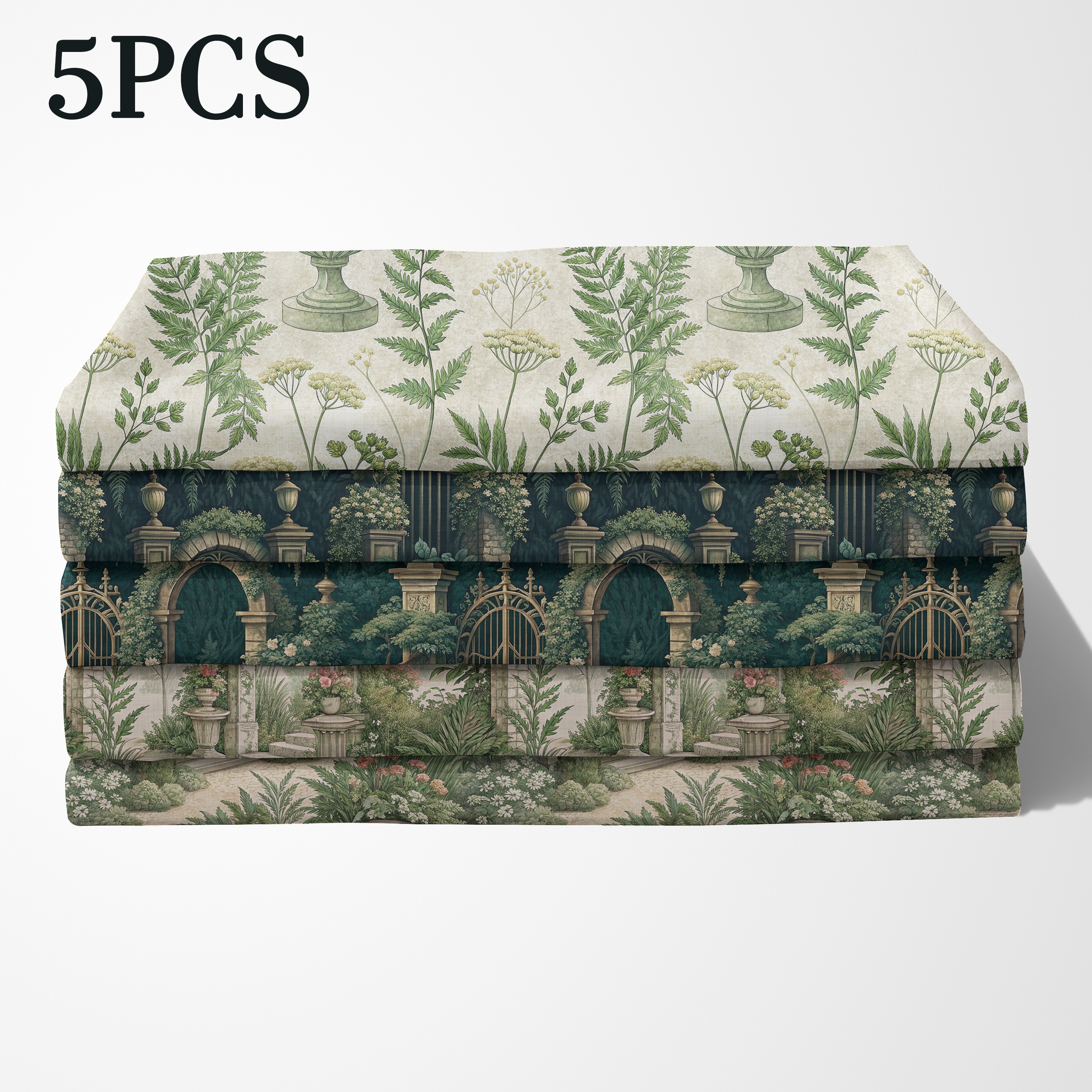 TEMU Fat Quarter Set Of 5pcs, Featuring 5 : A Wrought Arch, Fern-like Greenery, A -carved Urn, Forest Birds, And A Rose Trellis. The Deep And Light