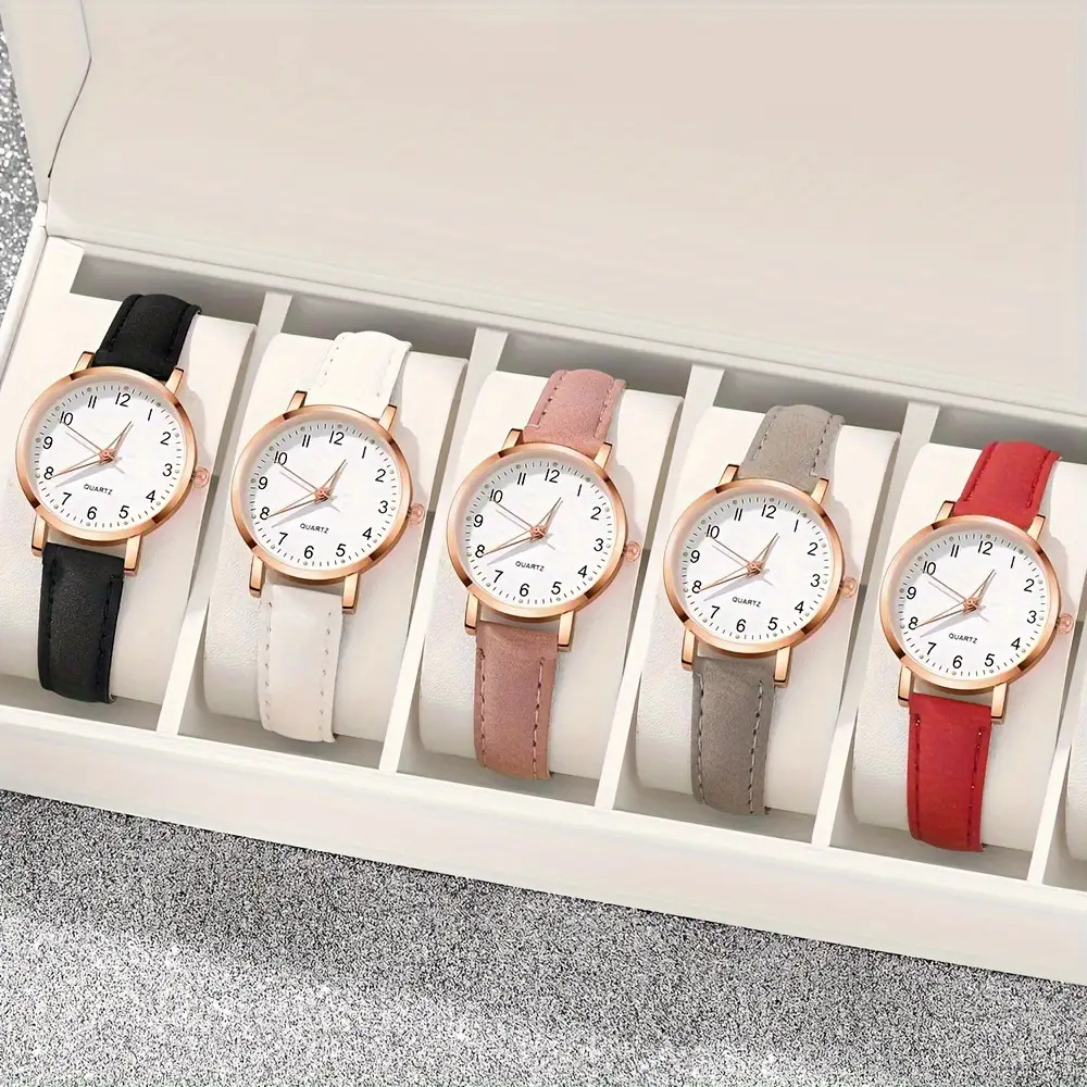 TEMU 5pcs Women's Casual Quartz Watch Collection, Featuring A , Round Alloy Casing, And Faux Leather Band, Ideal For Valentine's Day, Easter, Ramadan, Birthdays, Or As A Gift For - Perfect For Eid