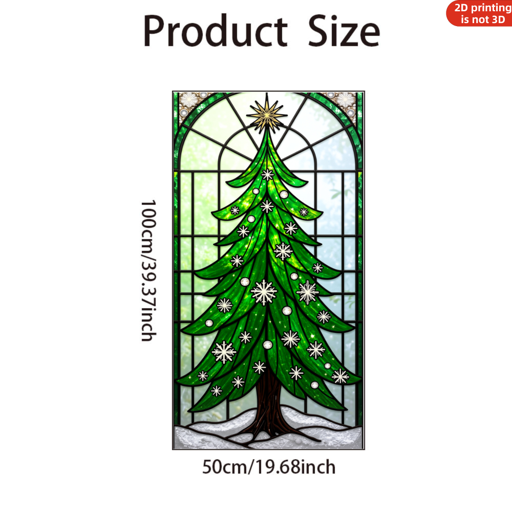 TEMU 1pc Green Christmas Tree Snowflake Star Stained Rectangular Static Electricity Window Sticker Christmas Tree Winter Snow Scene For Living Room,