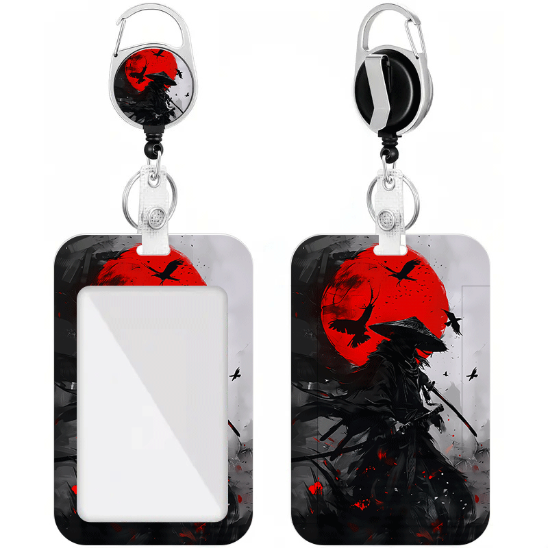 TEMU Style Black Japanese Ninja Red Sun Flying Bird Print Design Id Suitable For Bus Holders - With Retractable Id Badge Holder - Badge Clip -