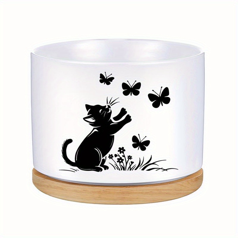 TEMU Contemporary Style Ceramic Succulent Planter Pot With Tray, 3.6'' Decorative Pot For Desk And Patio, Cat And Design, Ideal Birthday Or Holiday