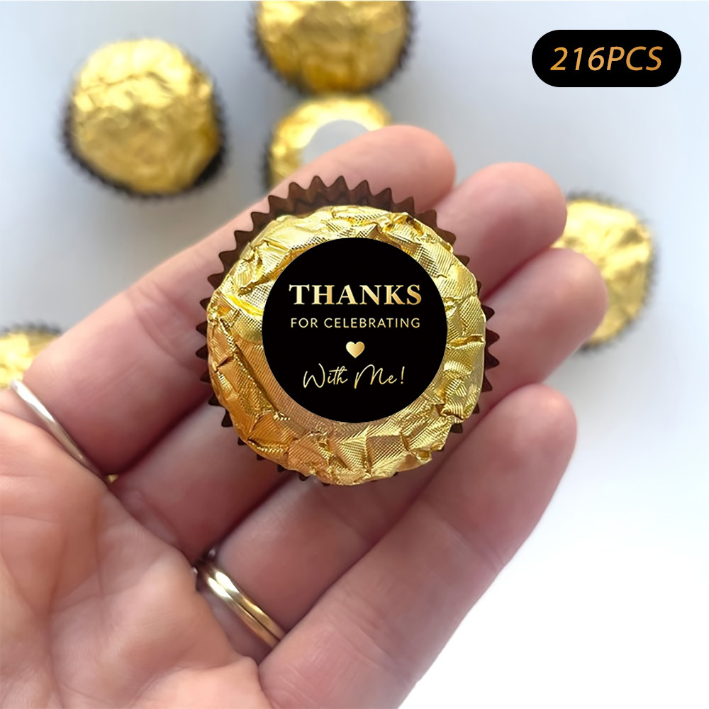 TEMU A "thank You" Themed Round Sticker With Golden Text On A Black Background, Luxe Festive Style, Ideal For Wedding Favors, Party Favors, Gift