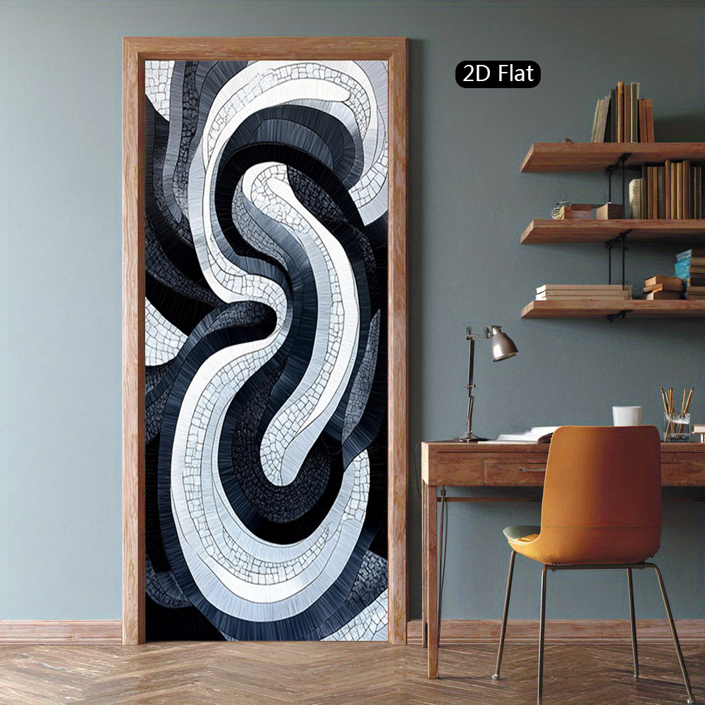 item picture 1pair wave pattern peel and stick murals abstract geometric door decal black white gray door sticker gorgeous door decal modern   poster for bedroom living room door decoration 2d flat self   polyvinyl chloride material