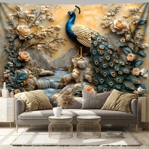 1pc large 3d peacock waterfall floral landscape tapestry wall hanging beige polyester fabric wrinkle resistant soft texture vibrant room bedroom office party decor indoor outdoor use perfect gift