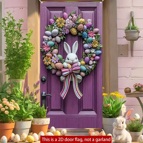 1pc easter door wreath with cute white rabbit colorful eggs polyester vibrant accent indoor outdoor spring decor no electricity needed ideal for easter celebrations and festive occasions easter door decor spring door adornment decorative wreath wreaths for front door