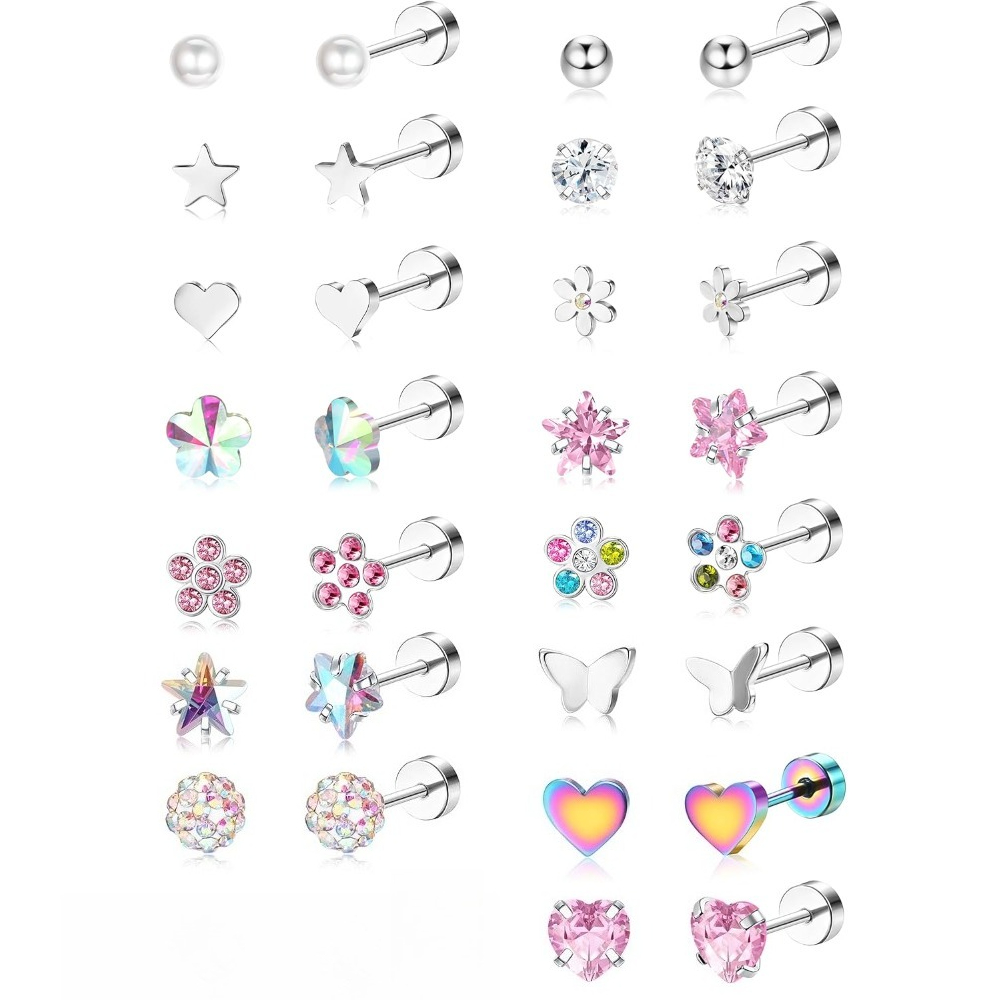 Image of 15 Pairs Hypoallergenic Screw Back Earrings For Women Surgical Steel Cute Cz Heart Screwback Stud Earrings Set 20g