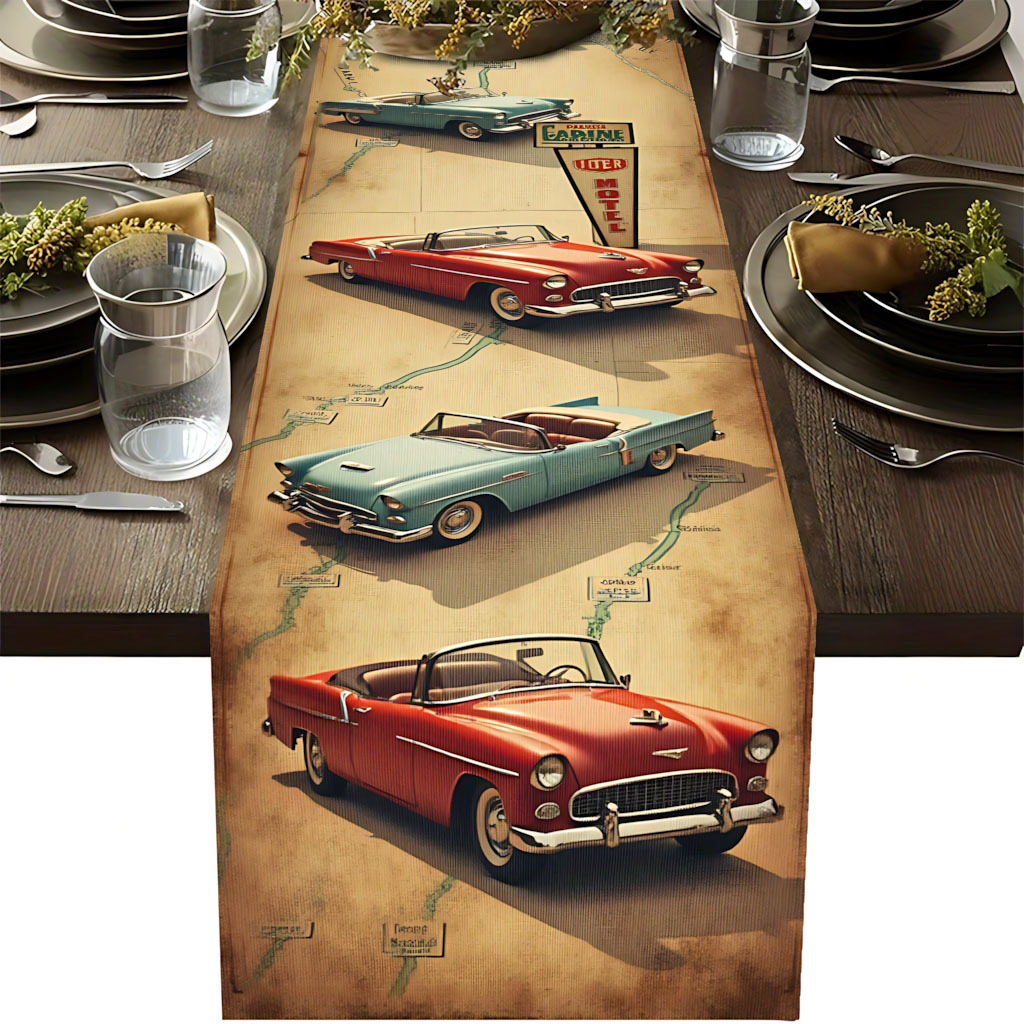 TEMU Vintage Car And Runner - And Route 66 Design, Durable Polyester Fabric, Ideal For , Road Trip Parties, Home Decor, Racing Theme Celebrations