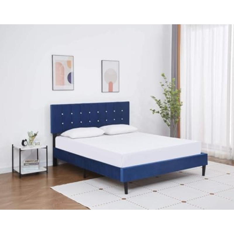 Charlston Full Size Bed Frame with Headboard - Royal Blue Velvet Suitable for Mattress Support, Retro Boxed Bed Base with Plush Cover, Easy Assembly, Non-Wood, Suitable for Mattress, Base for Modern Bedrooms