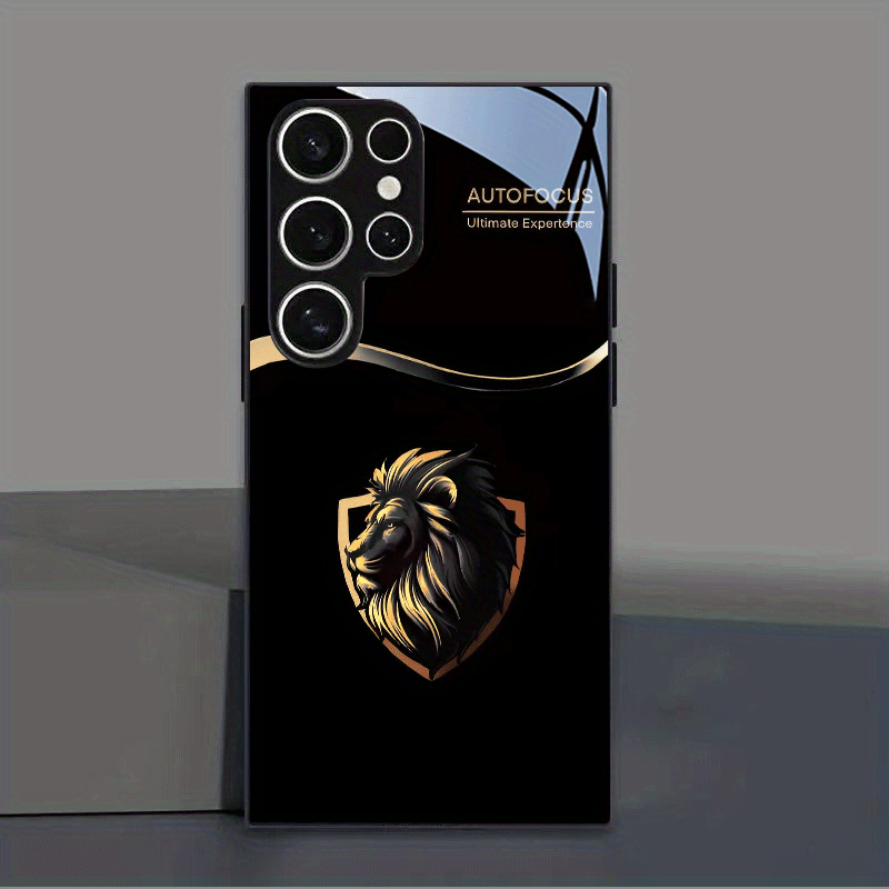 TEMU Phone Case - 2d Flat Black Golden Holy Lion Focus Luxury Tempered Glass Phone Case Black For Galaxy S25/s24/s23/s22/s21/s20/note