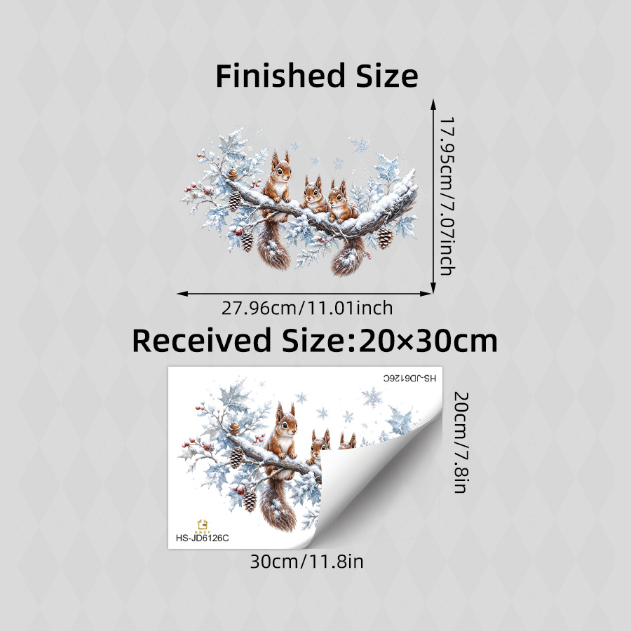 TEMU Adesivo per finestra con e rami dell'albero di Natale stampato in 2D piatto, 3 scoiattoli che stanno su rami innevati, decorati con foglie