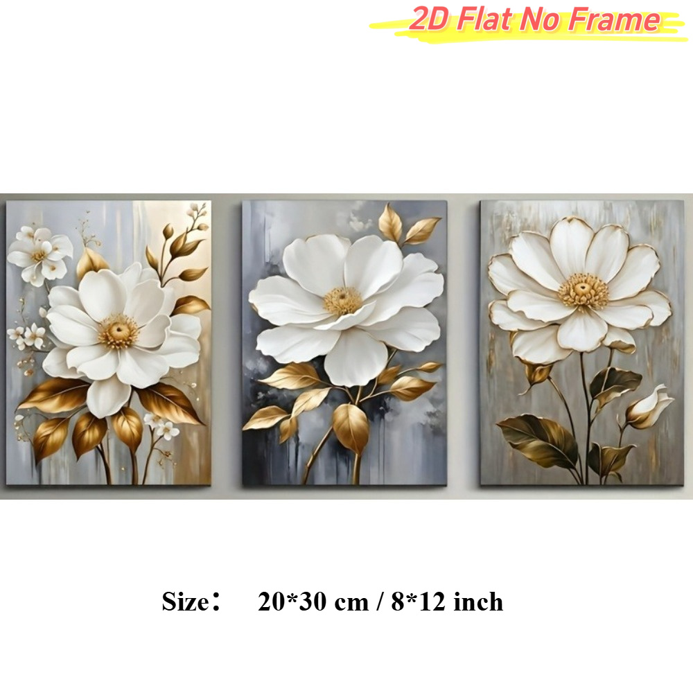 TEMU 2d Flat, 3pcs Frameless 2d/flat Golden Branches And Leaves With White Flowers Art Decor Canvas Painting, Stylish Wall Art Decoration, Suitable