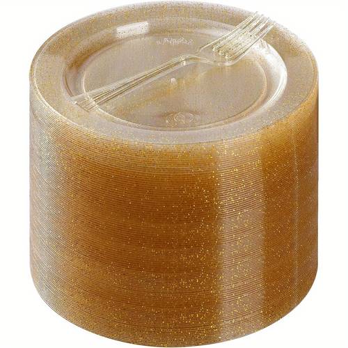plastic dessert plates 6 3 with plastic forks 5 7 gold glitter bright disposable plates for guests heavy duty plastic plates for party banquet wedding birthday anniversary easter st patricks day ramadan