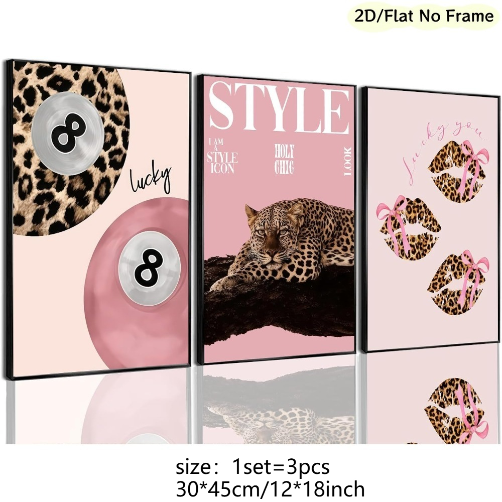TEMU 2d Flat, 2d/flat, Frameless, 3pcs Pink Leopard Print Canvas Wall Art, Stylish Bow Poster Prints, Preppy Aesthetic Fashion For Girls' Bedroom,