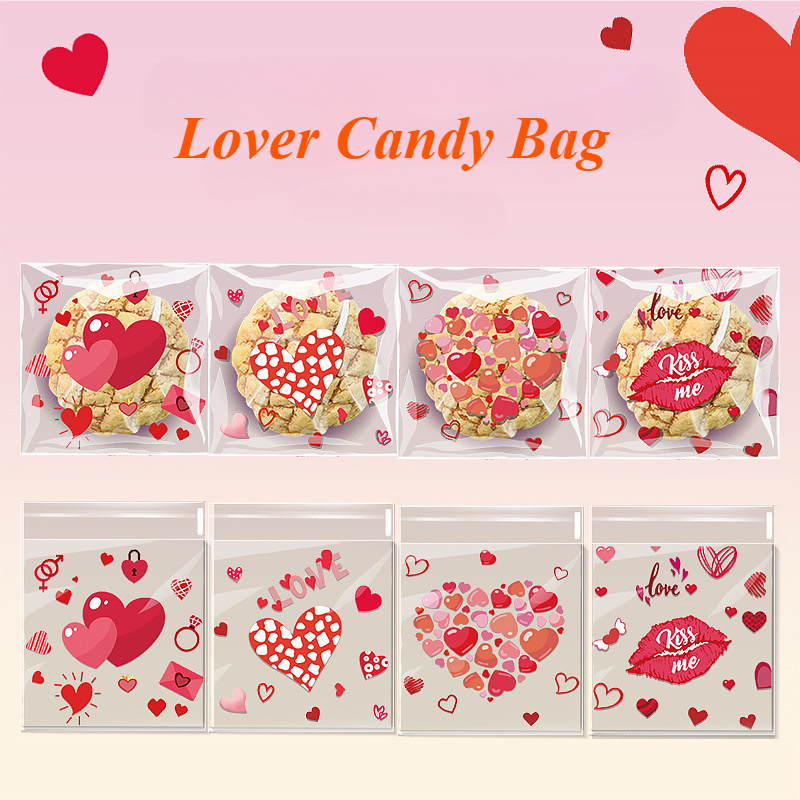 

100pcs Transparent Love Snack Packaging Bags, Back-to- Opp Reusable Self-adhesive Bags, Wedding Banquet Party Transparent Plastic Bags, Valentine's Day Candy Packaging Bags, Candy Bags