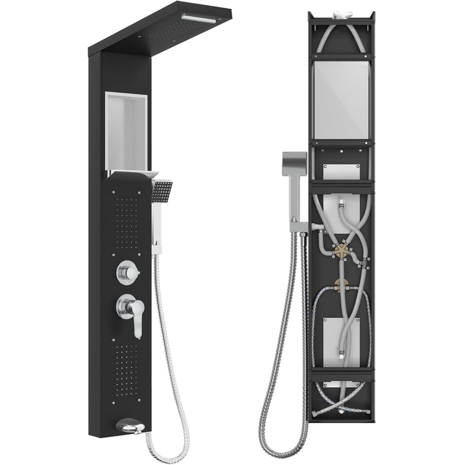 Shower Panel With Faucet, 5in 1 Shower System With Built-in Shelf Multifunctional Shower Set . Hand Shower Waterfall Shower Rain Shower Tap, 304 Stainless Steel Shower Set