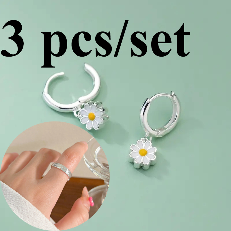 Image of 3pcs Set Of Sweet And Earrings Designed For Women's Fashion Hanging Earrings+minimalist Design, Light Luxury Ring With Plain Circle - Fresh Plant Element Themed Jewelry