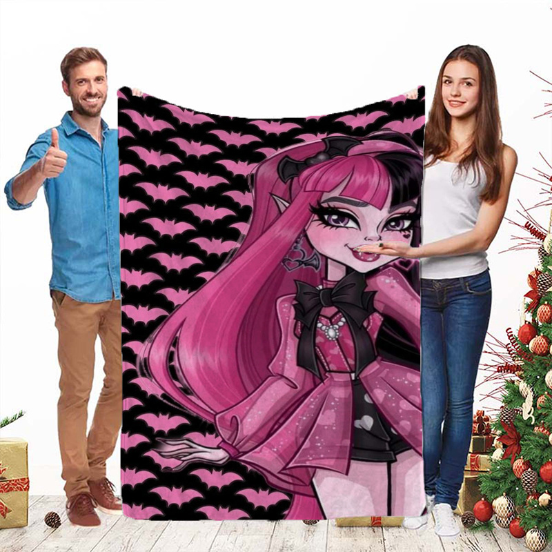 

School Cartoon Fleece Blanket - Soft & Cozy Polyester Throw With Pink-haired Character, Ideal For Sofa, Office, Bed, Camping & Travel - Lightweight, Warm Companion, Great Gift Idea