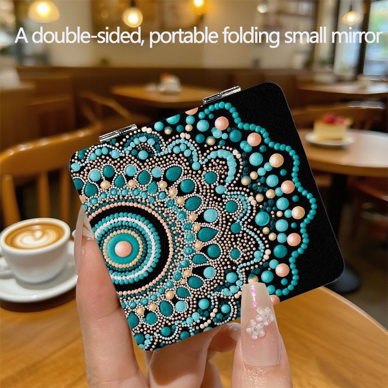 TEMU Double-sided Portable Folding Small Mirror With Black Frame, Teal Pink White Circular Mandala Pattern, Compact And Stylish For Easy Carrying,