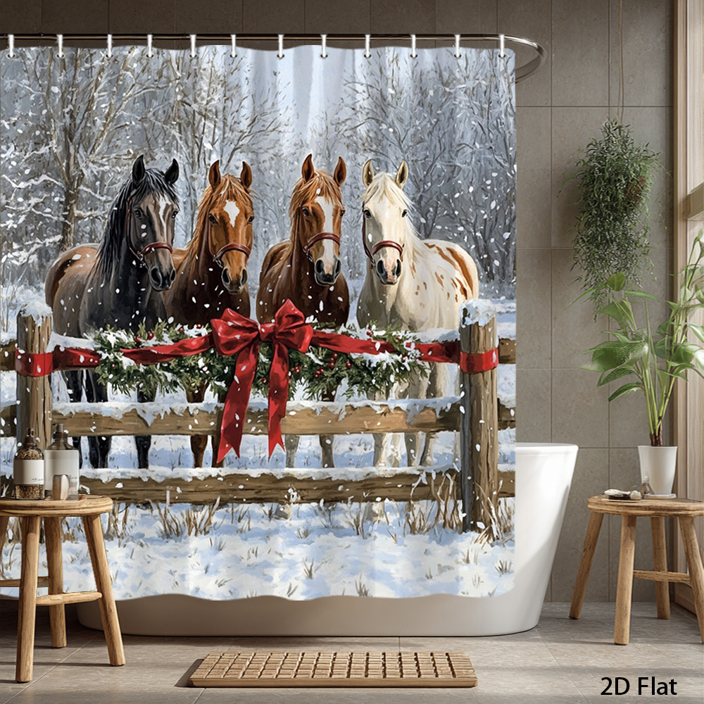TEMU 1 rideau de douche avec nœud rouge et motif de cheval enneigé avec couronne - 70,8"x70,8" grand rideau de bain, 12 crochets inclus, lavable en