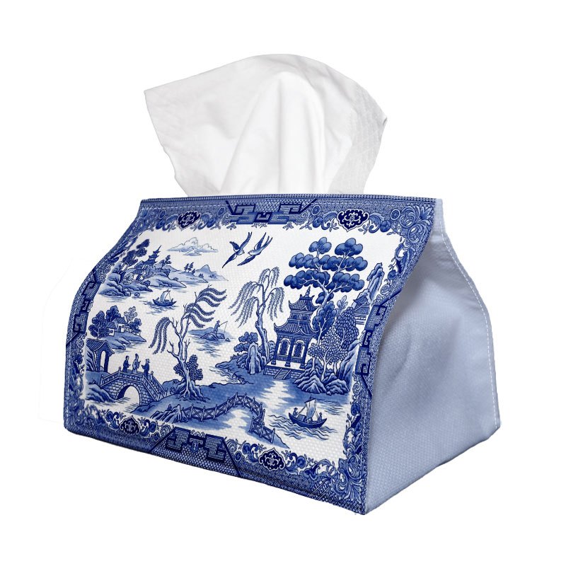 TEMU 1 Boîte à mouchoirs ornementale en bleu oriental, avec paysage et , distributeur de tissu lavable bleu et blanc, renforcés et extrémités lisses,