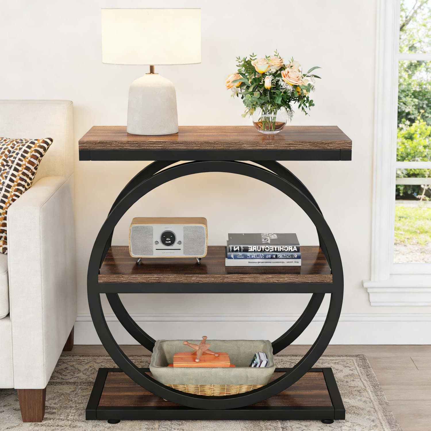 TEMU Table d'appoint étroite avec rangement, table d'appoint en bois à 3 niveaux avec cadre en métal noir, table de canapé industrielle fine pour