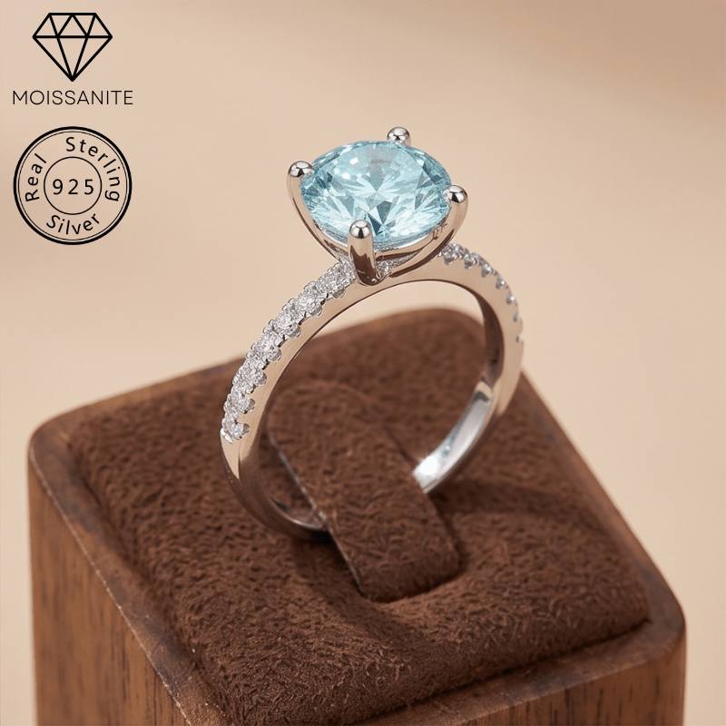 1/2/3/5 Carat 925 Silver Light Blue Moissanite Four-Claw Ring
