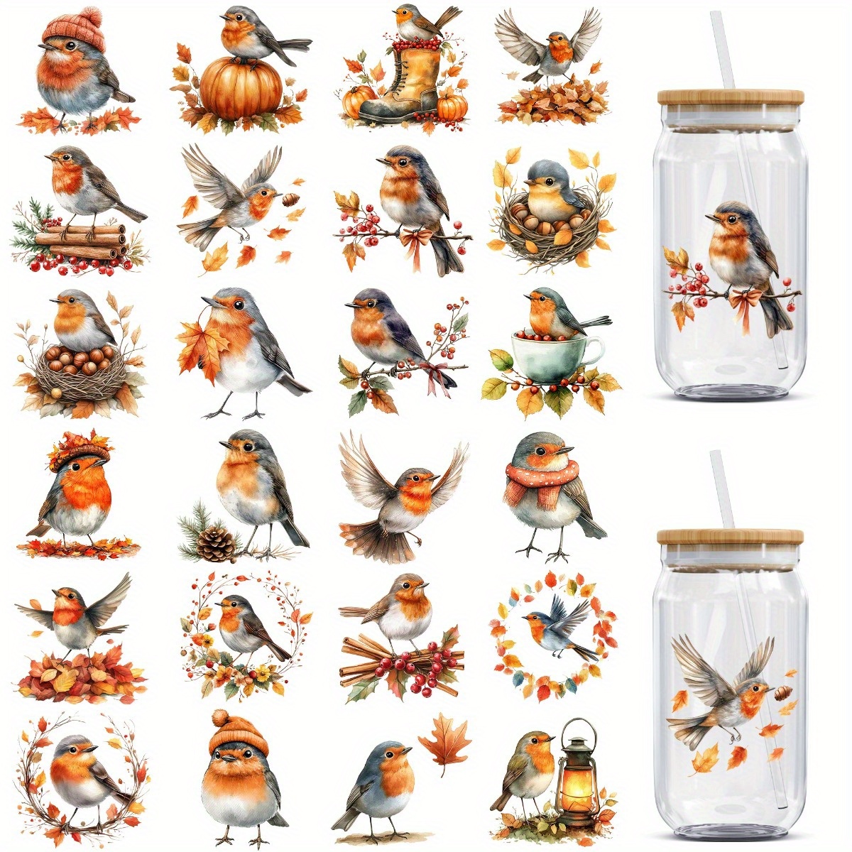 24pcs/ Set Birds In Autumn Uv Dtf Waterproof And Scratch Resistant Suitable For Cups Bottles Computers And Home Uv Dtf That Are Perfect For Diy Craft Projects