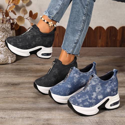 Women s Zip-Up Sneakers with Air Cushion Thick Sole & Sole Suitable for Commuting, Round Toe Low-Top Casual Shoes, Cushioned Sole for Absorption, - Outdoor Walking, Sole for , Zipper Closure, Women Shoes