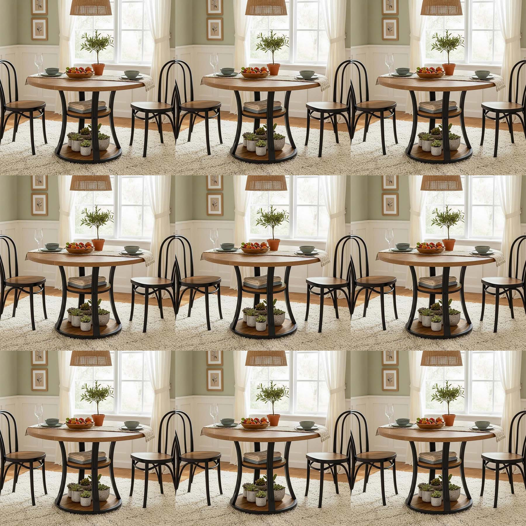 39-inch Circular Farmhouse Dining Table - 3-level Storage Pedestal Design For Space , Essential For Home Dining For 4 In Compact Areas (brown And Black)