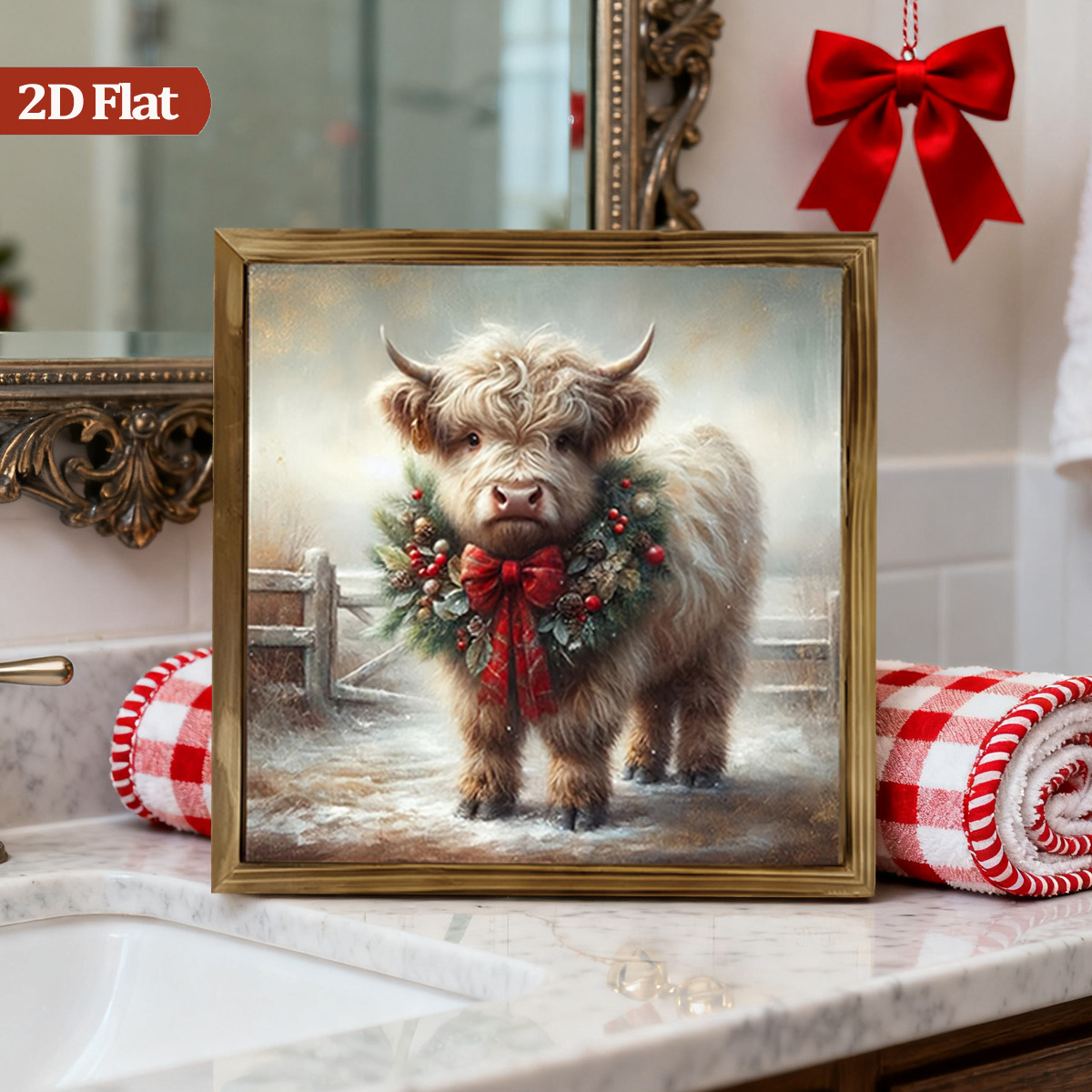 TEMU 2d Flat 1pc 2d Flat Wreath Highland Cow Wooden Decorative Painting - Winter Christmas Theme, Suitable For Wall And Desktop Decoration, Bedroom,