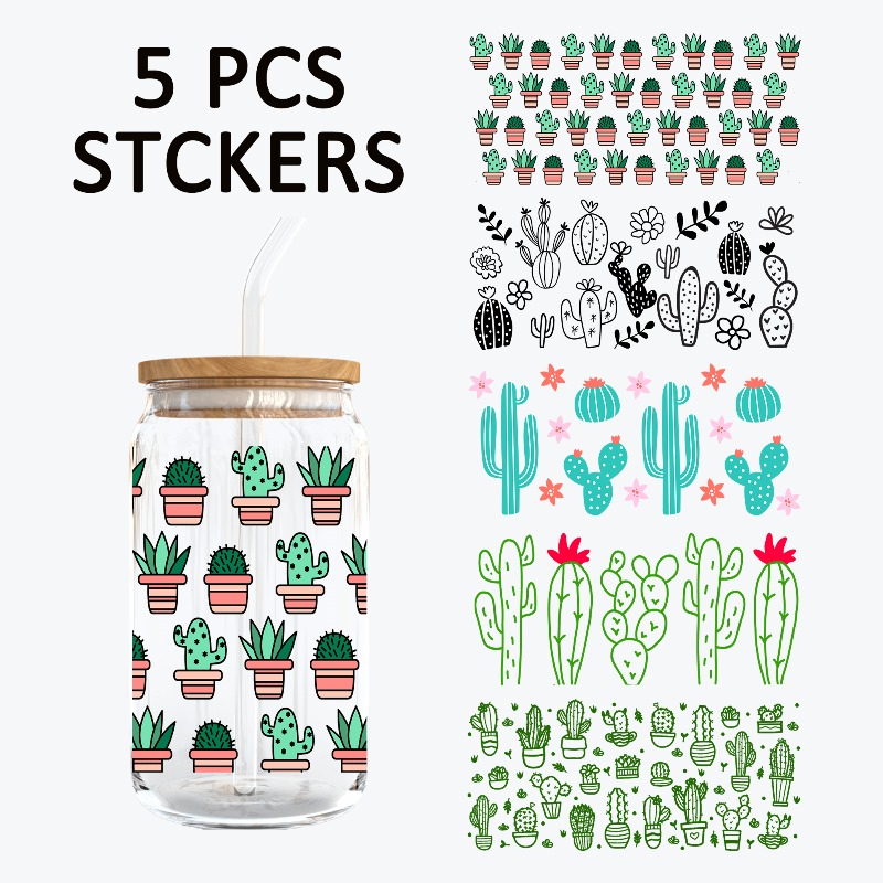 TEMU Set Of 5 Cute Cactus-themed Uv Dtf Transfer Cup, Suitable For 16-ounce Glass Cups, Mugs, Notebooks, Phone Cases, And Other For Exquisite Art