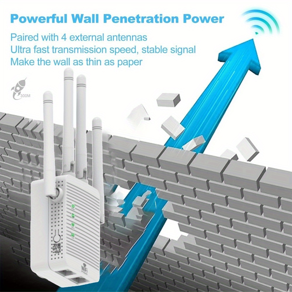 WiFi Range Extender Signal Booster, 300Mbps Wifi Extender for Home, Up to 8500 Sq. Ft Coverage, Supports 105 Devices, 4 External Antennas, Ethernet Port, WiFi Extender for Home & Office Use